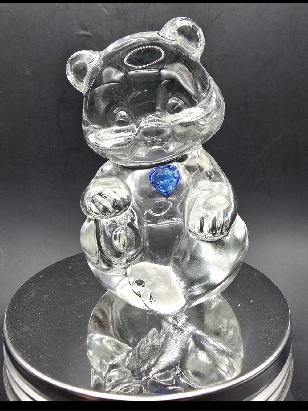 Fenton Vintage Clear Glass Teddy Bear Figurine Blue Heart, September Birthday
